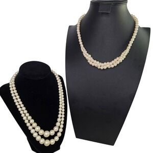 2 Pcs. Elegant Faux Pearl Necklaces Double Strand‎ Choker Gold Tone Clasp